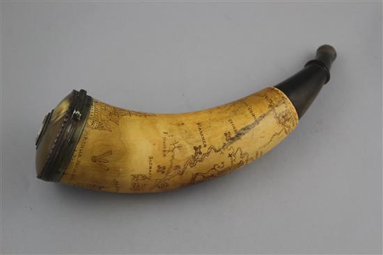 An American Revolution scrimshaw horn powder flask, 11in.